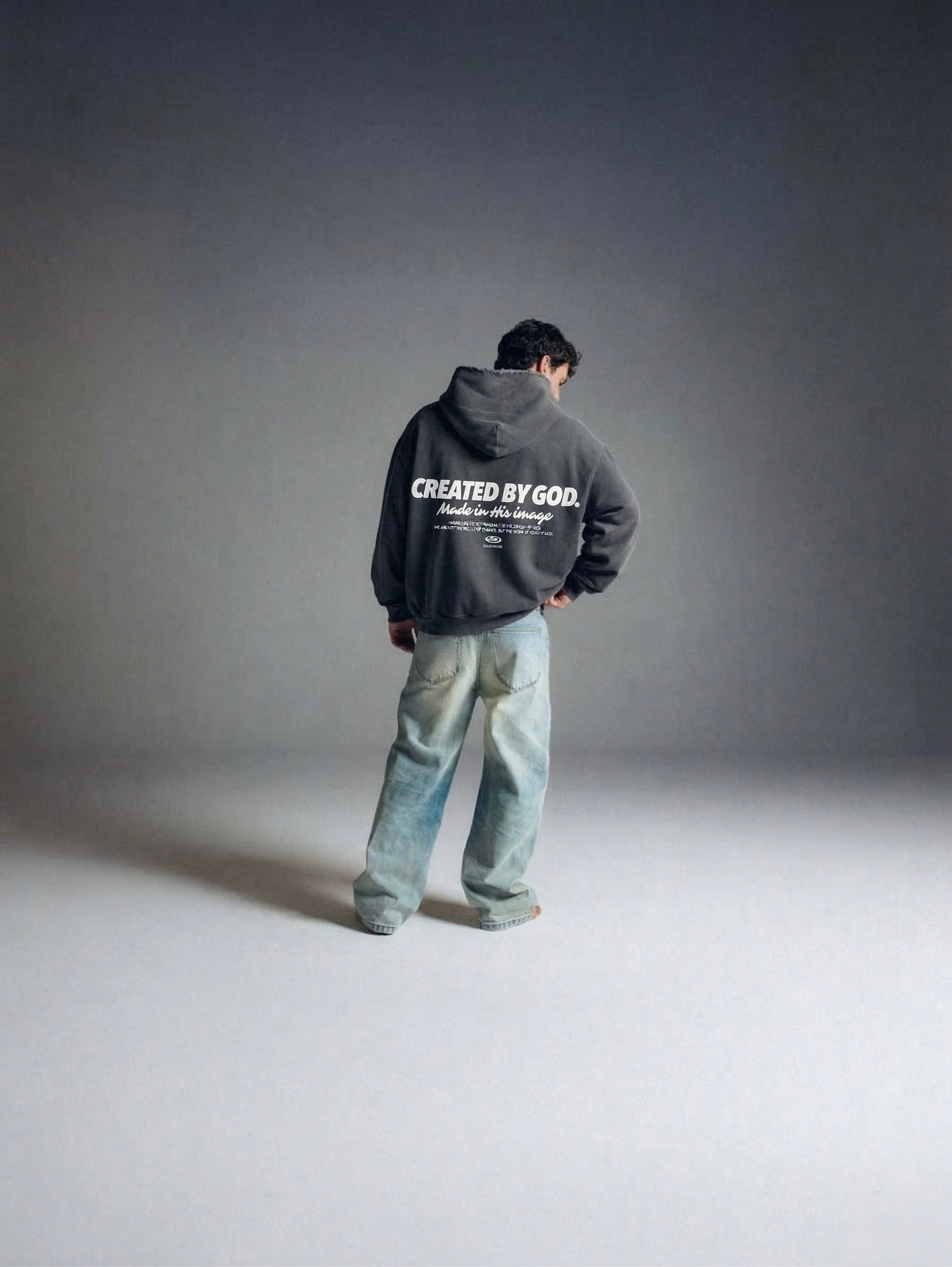 Created by God Dark Gray Oversized Boxy Frayed Washed Hoodie | Salm House®