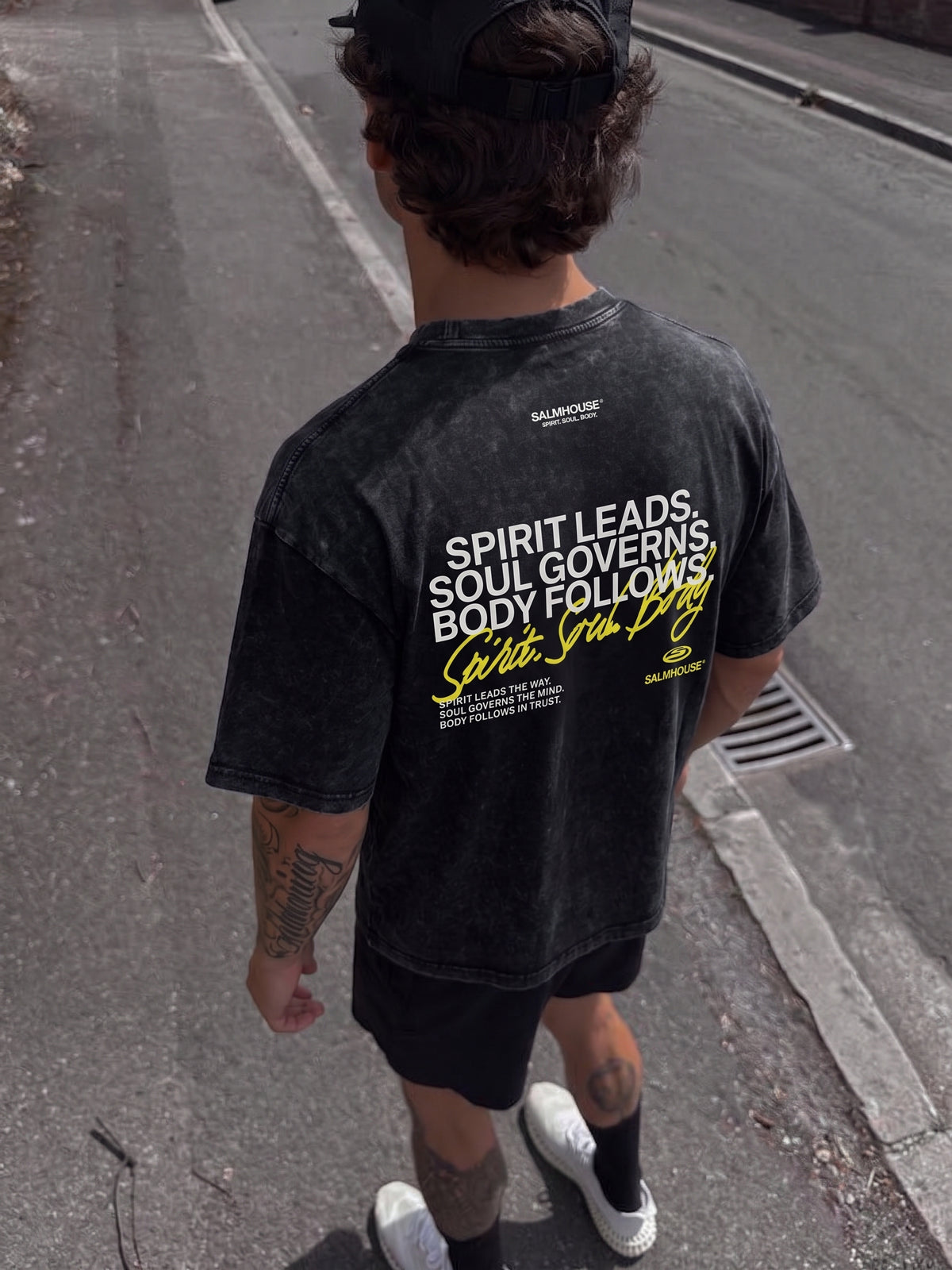 Spirit Soul Body Black Mineral Wash Boxy Cotton T-Shirt | Salm House®