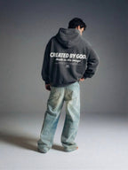 Created by God Dark Gray Oversized Boxy Frayed Washed Hoodie | Salm House®